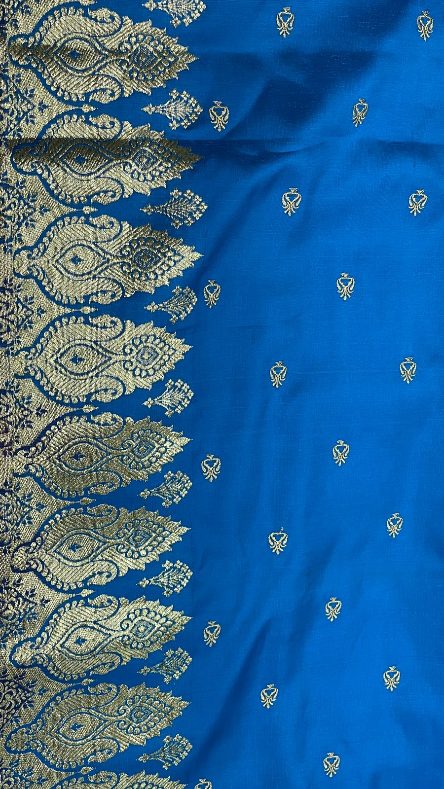 Faishana Presents Royal Blue Satin Silk Gold Zari Lachha Booti and Contrast Red Floral Zari Border and Heavy Gold Zari Jaal Pallu Banarasi saree with Red Blouse