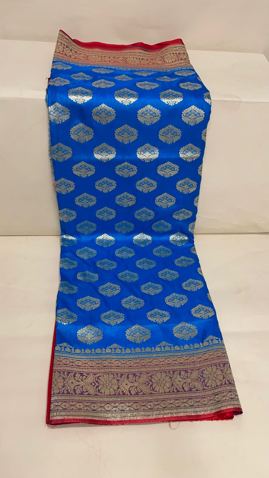 Faishana Presents Blue Satin Silk Silver Zari Floral Boota and Contrast Red Zari Border and Heavy Silver Zari Floral Anchal Banarasi Saree with Red Blouse