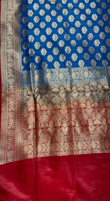 Faishana Presents Blue Satin Silk Silver Zari Floral Boota and Contrast Red Zari Border and Heavy Silver Zari Floral Anchal Banarasi Saree with Red Blouse