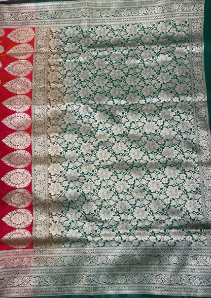 Faishana Presents Orange Satin Silk Zari Booti and Contrast Green 2D Zari Border and Heavy Floral Jaal Pallu Banarasi Saree with Green Blouse