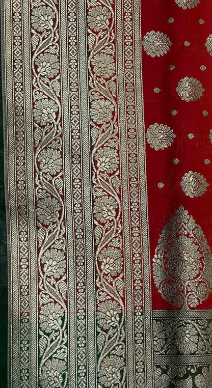 Faishana Presents Orange Satin Silk Zari Booti and Contrast Green 2D Zari Border and Heavy Floral Jaal Pallu Banarasi Saree with Green Blouse