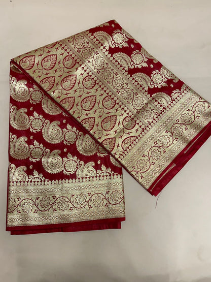 Faishana Presents Maroon Satin Silk Diagonal Zari Jaal Banarasi saree with Maroon Blouse
