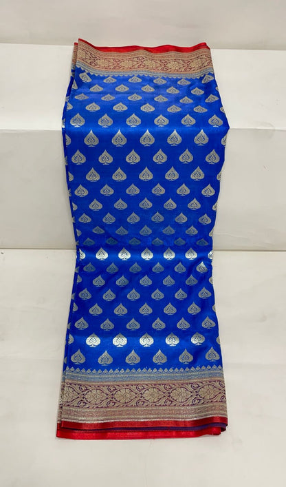 Faishana Presents Blue Satin Silk Silver Zari Pan Booti and Contrast Red Zari Border and Heavy Silver Zari Floral Anchal Banarasi Saree with Red Blouse