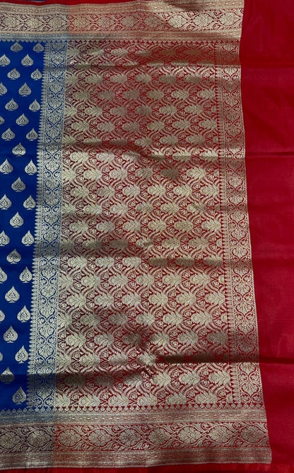 Faishana Presents Blue Satin Silk Silver Zari Pan Booti and Contrast Red Zari Border and Heavy Silver Zari Floral Anchal Banarasi Saree with Red Blouse