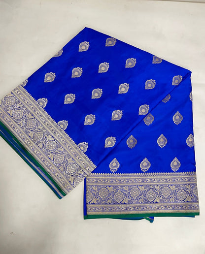 Faishana Presents Royal Blue Katan Silk Silver Zari Booti and Floral Zari Jaal Border and Heavy Pallu Banarasi saree with Blue Blouse