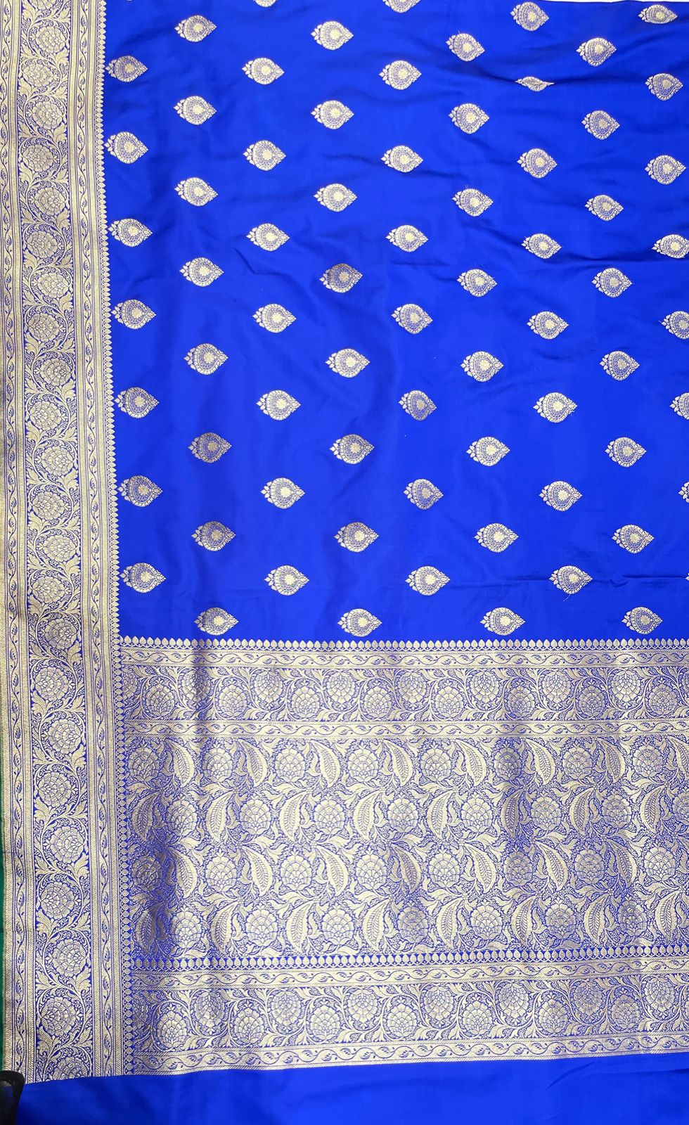 Faishana Presents Royal Blue Katan Silk Silver Zari Booti and Floral Zari Jaal Border and Heavy Pallu Banarasi saree with Blue Blouse