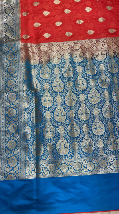 Faishana Presents Red Satin Silk Silver Zari Booti Mina Jaal Banarasi saree and Contrast Blue Silver Zari Boota Pallu with Blue Blouse