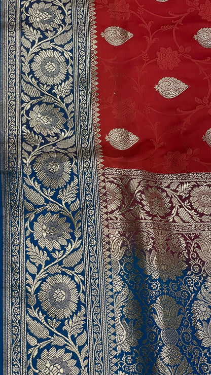 Faishana Presents Red Satin Silk Silver Zari Booti Mina Jaal Banarasi saree and Contrast Blue Silver Zari Boota Pallu with Blue Blouse