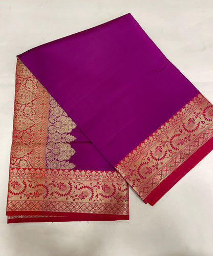 Faishana Presents Magenta Plain Satin Silk with Contrast Red Zari Border and Red Blouse Banarasi saree