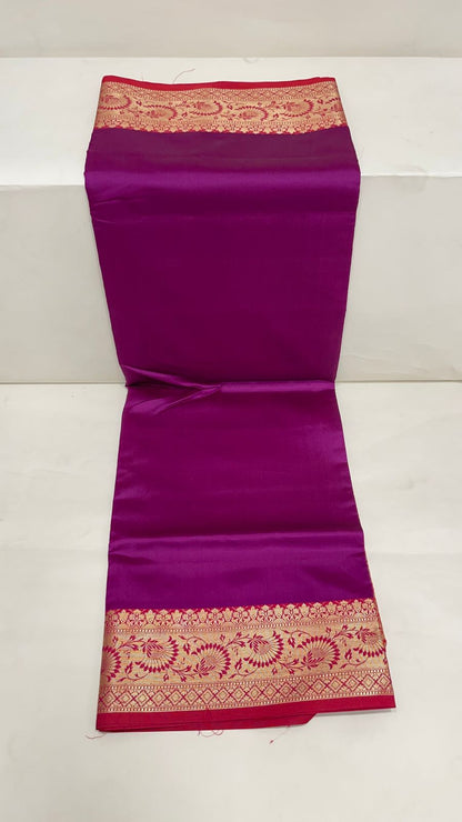 Faishana Presents Magenta Plain Satin Silk with Contrast Red Zari Border and Red Blouse Banarasi saree