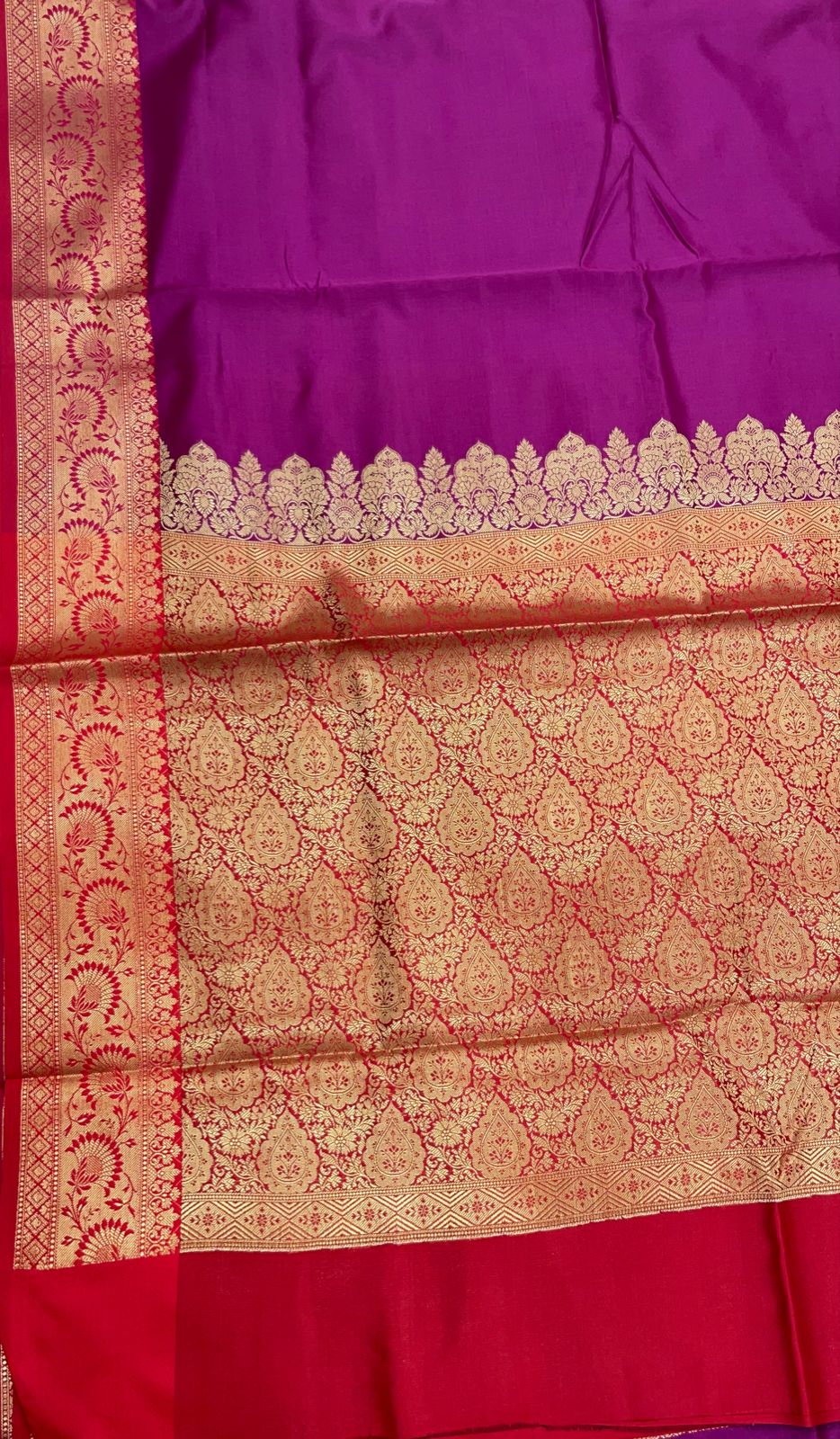 Faishana Presents Magenta Plain Satin Silk with Contrast Red Zari Border and Red Blouse Banarasi saree