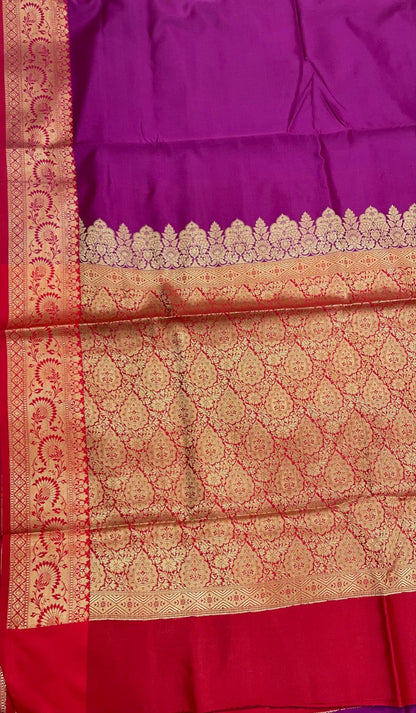 Faishana Presents Magenta Plain Satin Silk with Contrast Red Zari Border and Red Blouse Banarasi saree