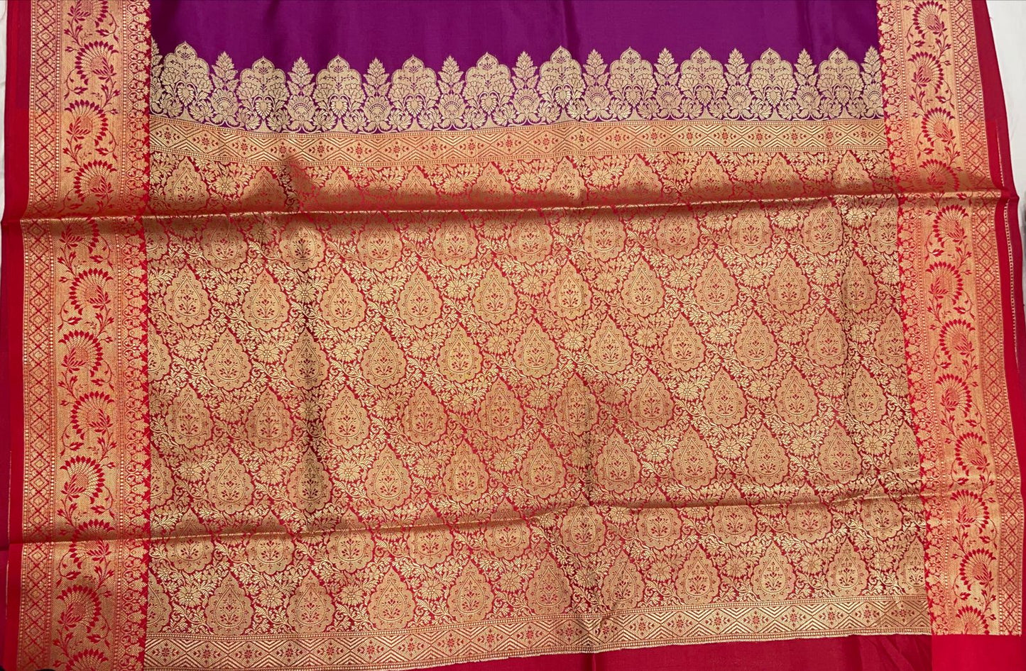 Faishana Presents Magenta Plain Satin Silk with Contrast Red Zari Border and Red Blouse Banarasi saree