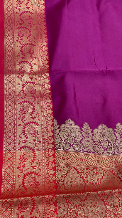 Faishana Presents Magenta Plain Satin Silk with Contrast Red Zari Border and Red Blouse Banarasi saree