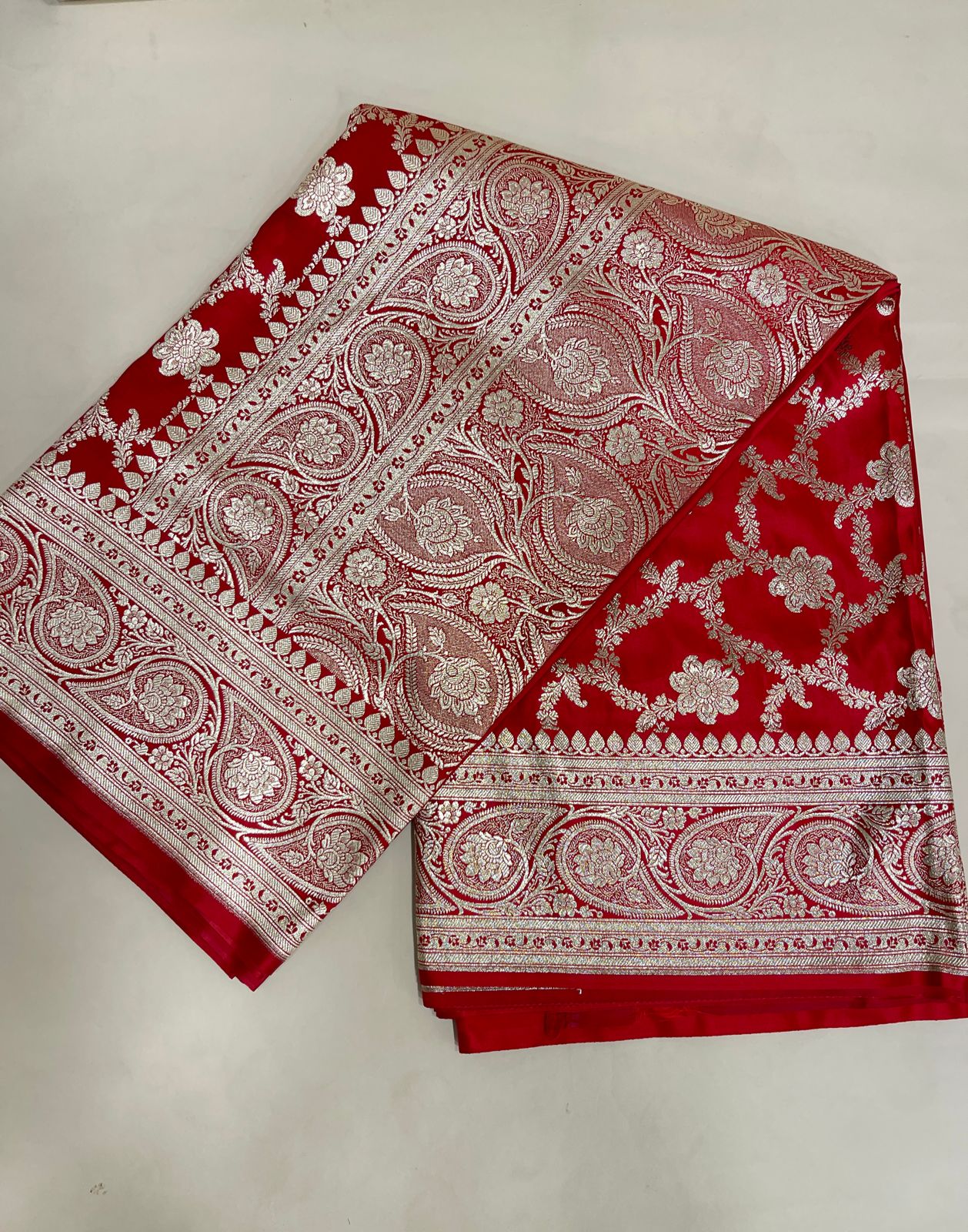 Faishana Presents Red Satin Silk Silver Zari Boota Jaal with Silver Zari Border saree and Red Blouse