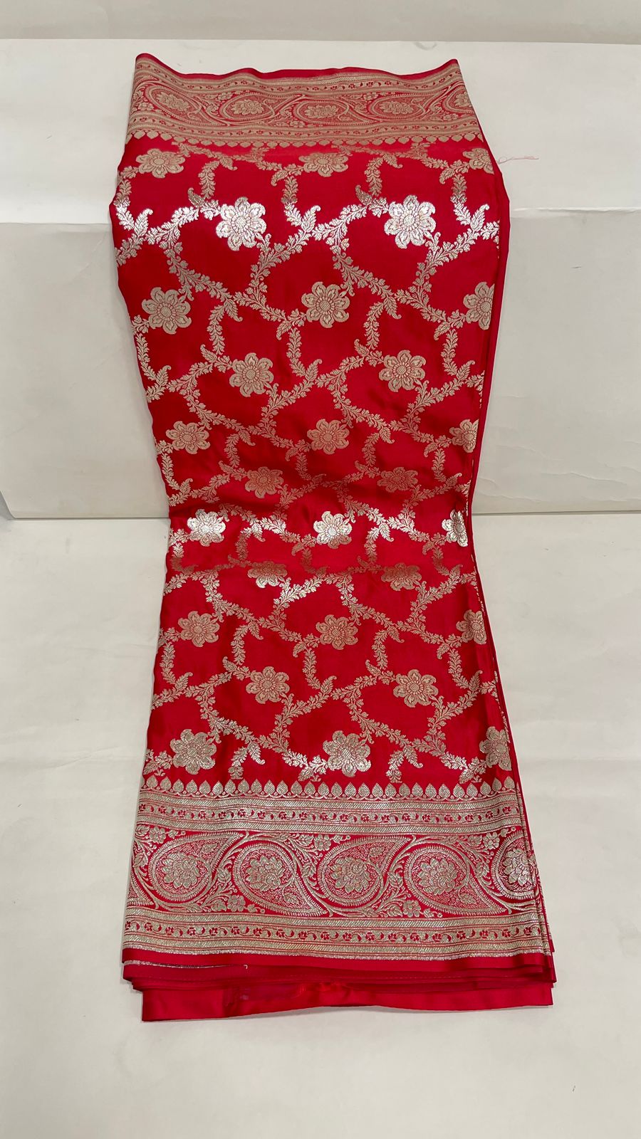 Faishana Presents Red Satin Silk Silver Zari Boota Jaal with Silver Zari Border saree and Red Blouse