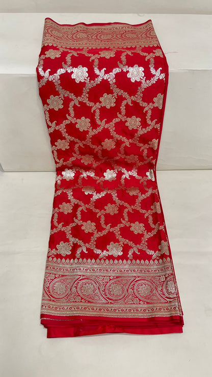Faishana Presents Red Satin Silk Silver Zari Boota Jaal with Silver Zari Border saree and Red Blouse
