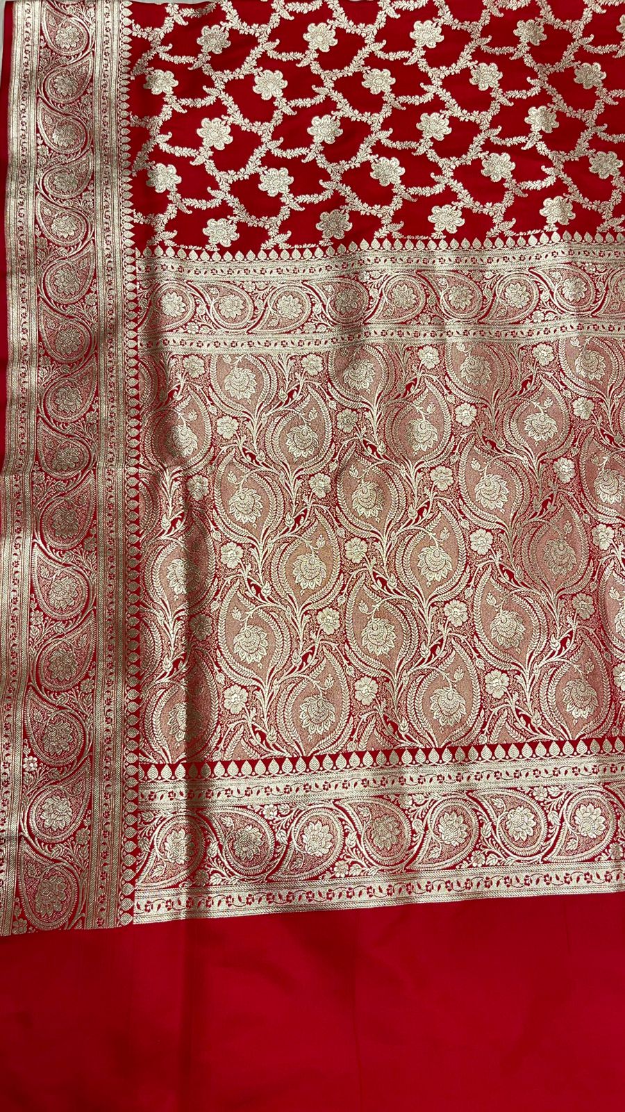 Faishana Presents Red Satin Silk Silver Zari Boota Jaal with Silver Zari Border saree and Red Blouse
