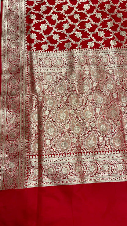 Faishana Presents Red Satin Silk Silver Zari Boota Jaal with Silver Zari Border saree and Red Blouse