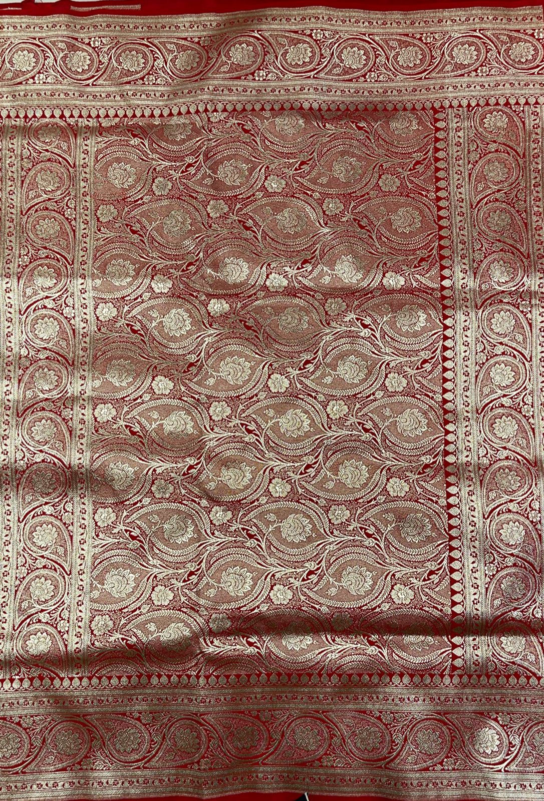 Faishana Presents Red Satin Silk Silver Zari Boota Jaal with Silver Zari Border saree and Red Blouse