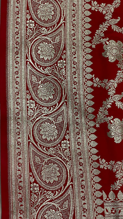 Faishana Presents Red Satin Silk Silver Zari Boota Jaal with Silver Zari Border saree and Red Blouse