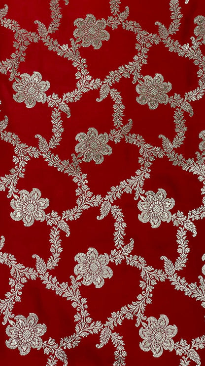Faishana Presents Red Satin Silk Silver Zari Boota Jaal with Silver Zari Border saree and Red Blouse