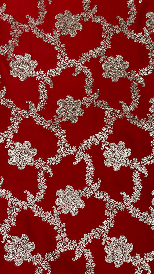 Faishana Presents Red Satin Silk Silver Zari Boota Jaal with Silver Zari Border saree and Red Blouse