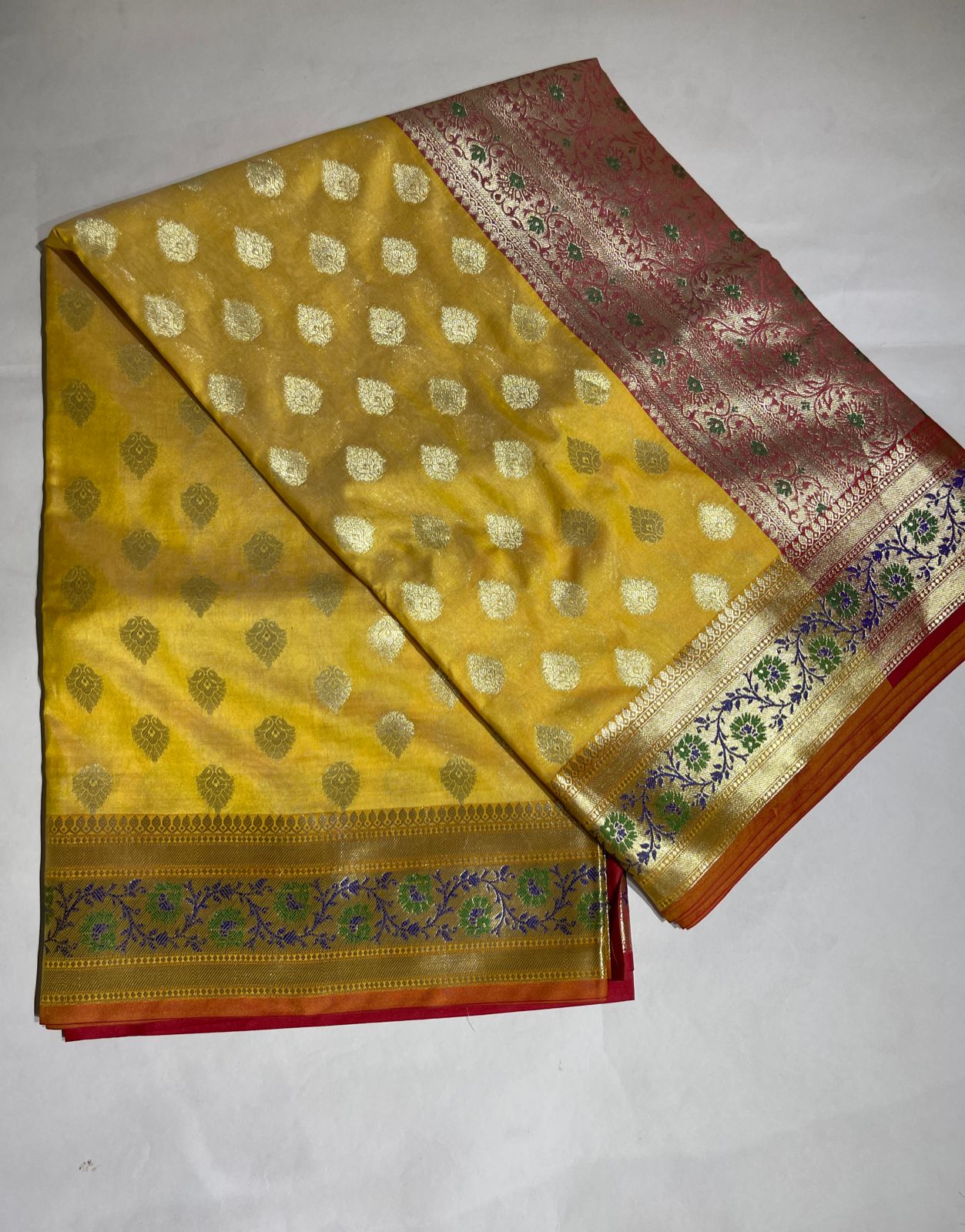 Faishana Presents Gold Katan Silk Golden Zari Booti with Contrast Banarasi Alfi Mina Border and Red Blouse