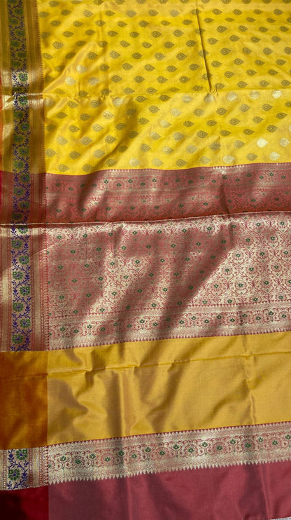 Faishana Presents Gold Katan Silk Golden Zari Booti with Contrast Banarasi Alfi Mina Border and Red Blouse