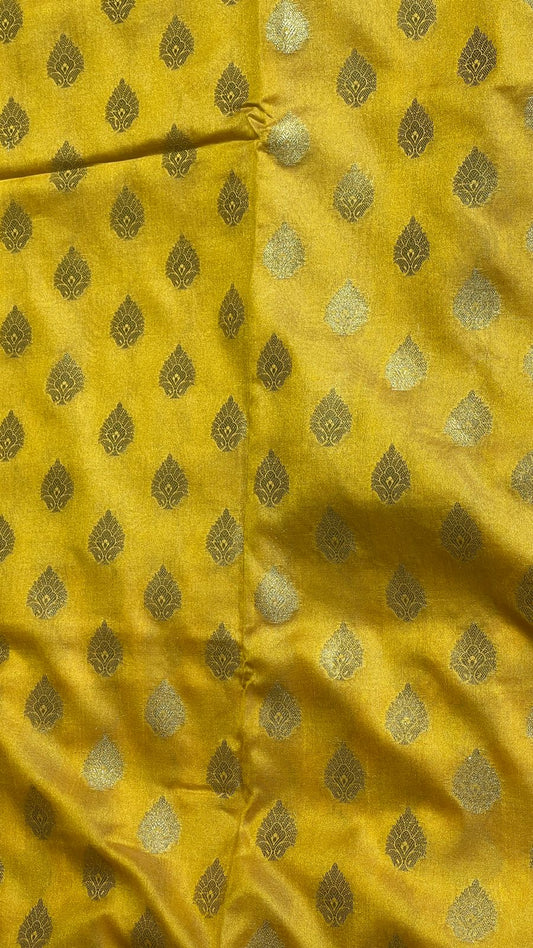 Faishana Presents Gold Katan Silk Golden Zari Booti with Contrast Banarasi Alfi Mina Border and Red Blouse