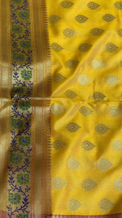Faishana Presents Gold Katan Silk Golden Zari Booti with Contrast Banarasi Alfi Mina Border and Red Blouse