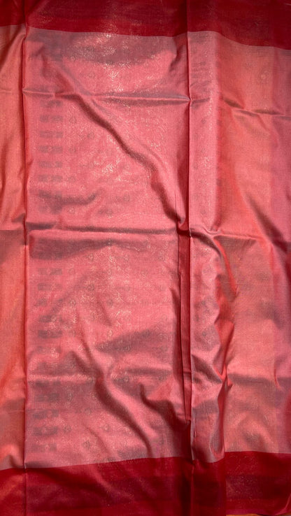 Faishana Presents Gold Katan Silk Golden Zari Booti with Contrast Banarasi Alfi Mina Border and Red Blouse