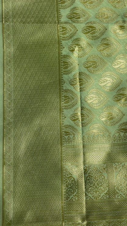 Faishana Presents Light Green Kanjivaram Silk Golden Zari Paisley Boota with Self Zari Border and Light Green Blouse