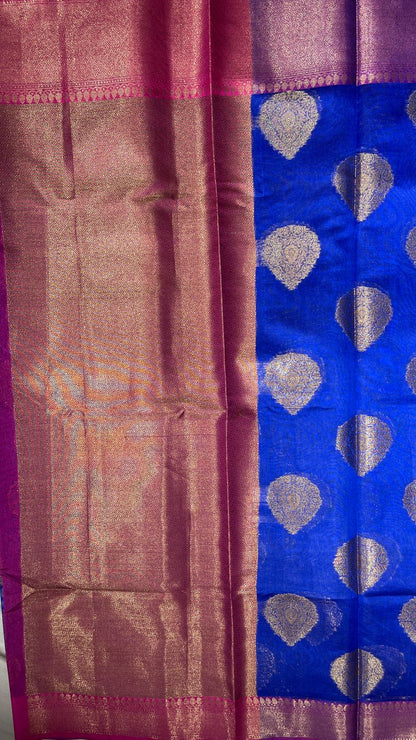 Faishana Presents Blue Kanjivaram Silk Golden Zari Boota with Contrast Magenta Lachha Zari Border and Magenta Blouse