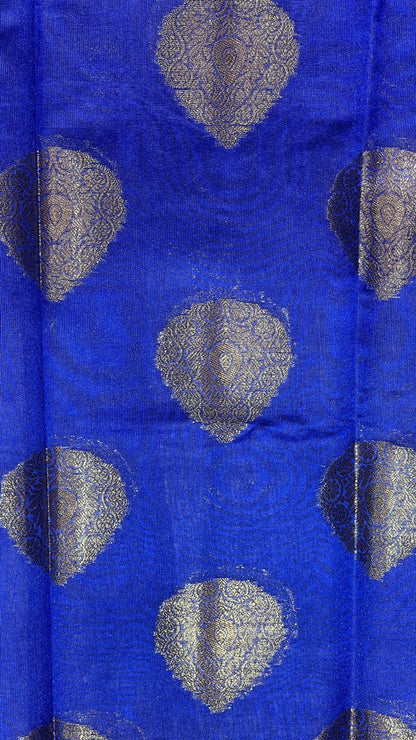 Faishana Presents Blue Kanjivaram Silk Golden Zari Boota with Contrast Magenta Lachha Zari Border and Magenta Blouse