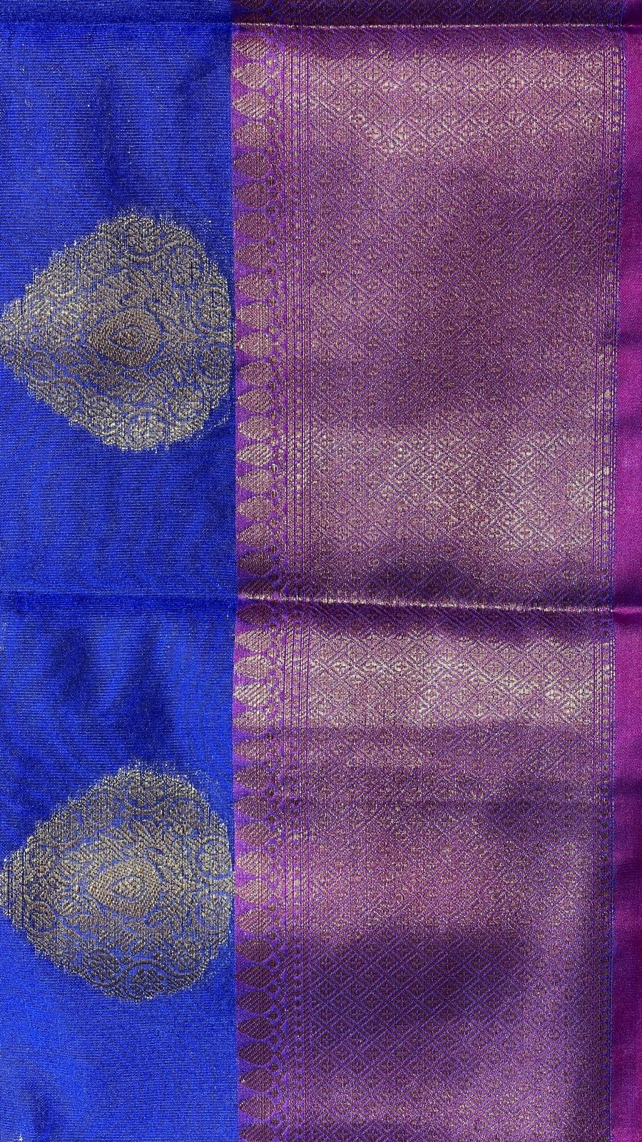 Faishana Presents Blue Kanjivaram Silk Golden Zari Boota with Contrast Magenta Lachha Zari Border and Magenta Blouse