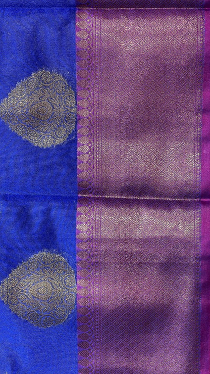 Faishana Presents Blue Kanjivaram Silk Golden Zari Boota with Contrast Magenta Lachha Zari Border and Magenta Blouse