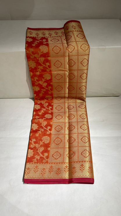 Faishana Presents Orange Tissue Golden Floral Zari Jaal with Checkered Pallu and Orange Blouse