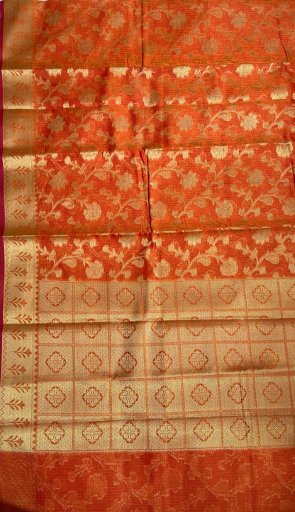 Faishana Presents Orange Tissue Golden Floral Zari Jaal with Checkered Pallu and Orange Blouse