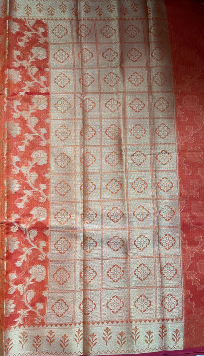 Faishana Presents Orange Tissue Golden Floral Zari Jaal with Checkered Pallu and Orange Blouse