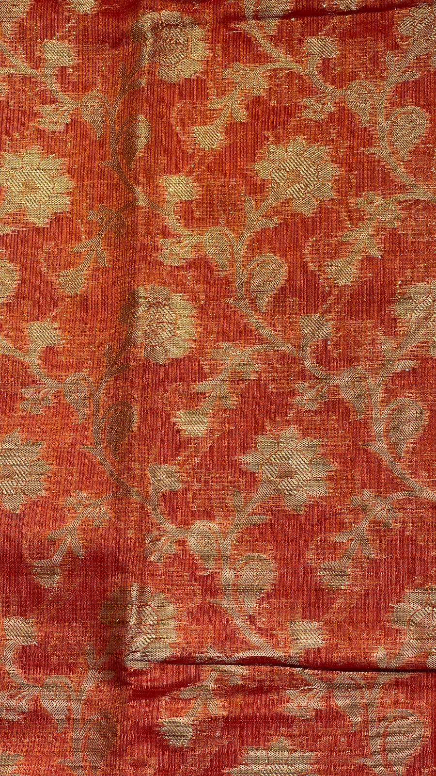Faishana Presents Orange Tissue Golden Floral Zari Jaal with Checkered Pallu and Orange Blouse
