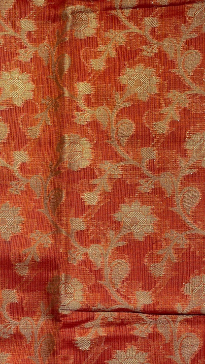 Faishana Presents Orange Tissue Golden Floral Zari Jaal with Checkered Pallu and Orange Blouse