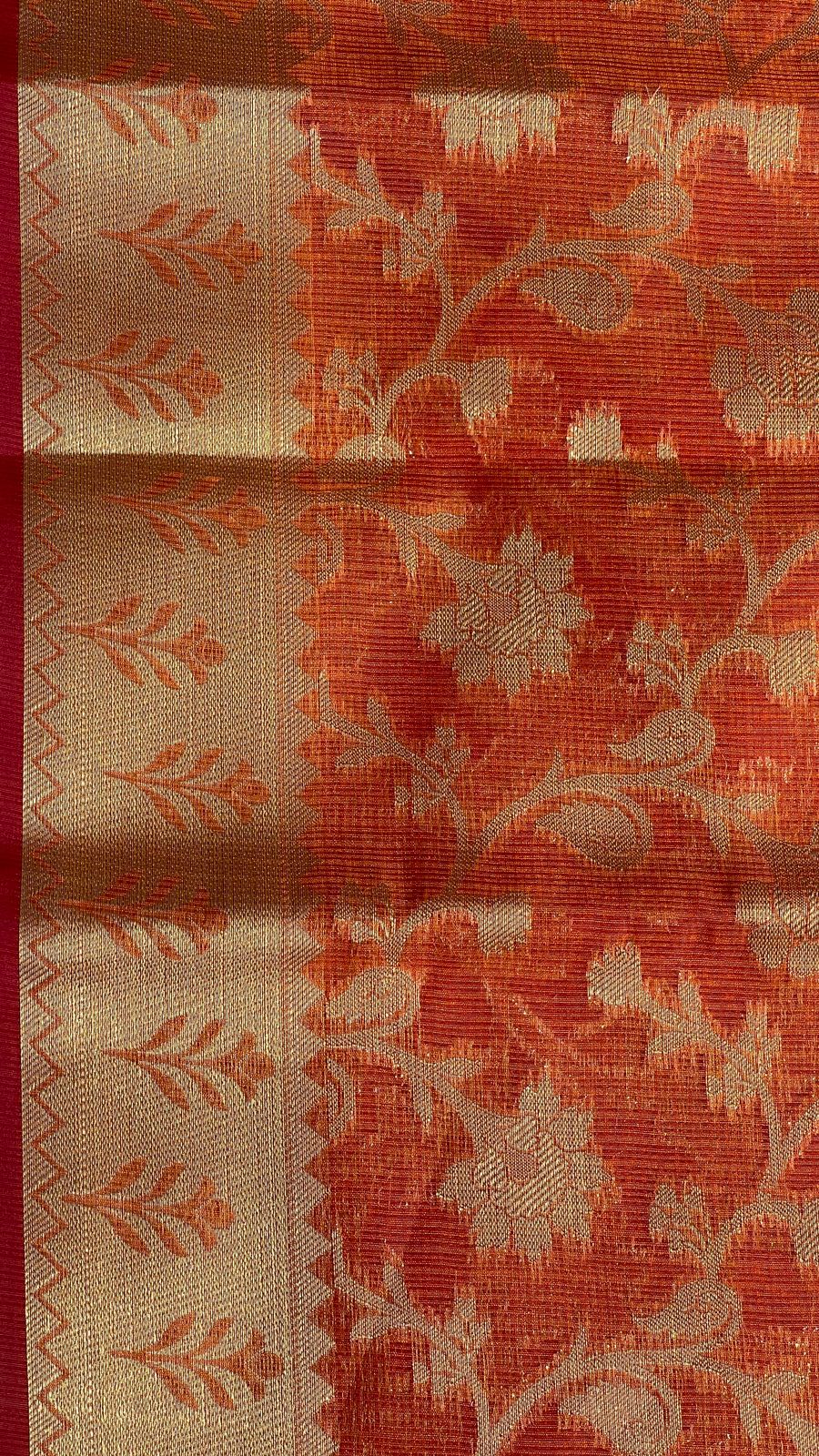 Faishana Presents Orange Tissue Golden Floral Zari Jaal with Checkered Pallu and Orange Blouse