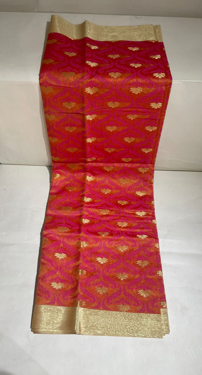 Faishana Presents Orange Masrise Tissue Alfi Resham Jaal Golden Zari Booti with Multicolour Golden Self Border and Orange Bouse