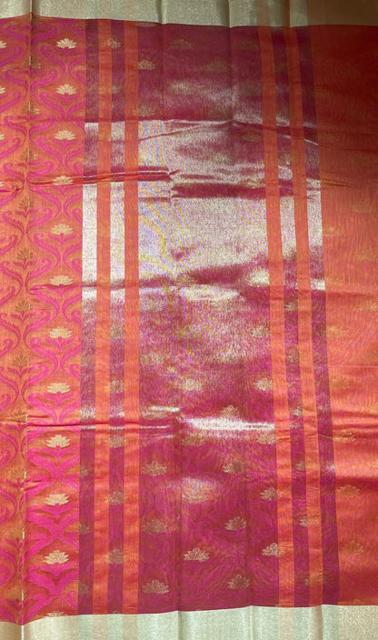 Faishana Presents Orange Masrise Tissue Alfi Resham Jaal Golden Zari Booti with Multicolour Golden Self Border and Orange Bouse