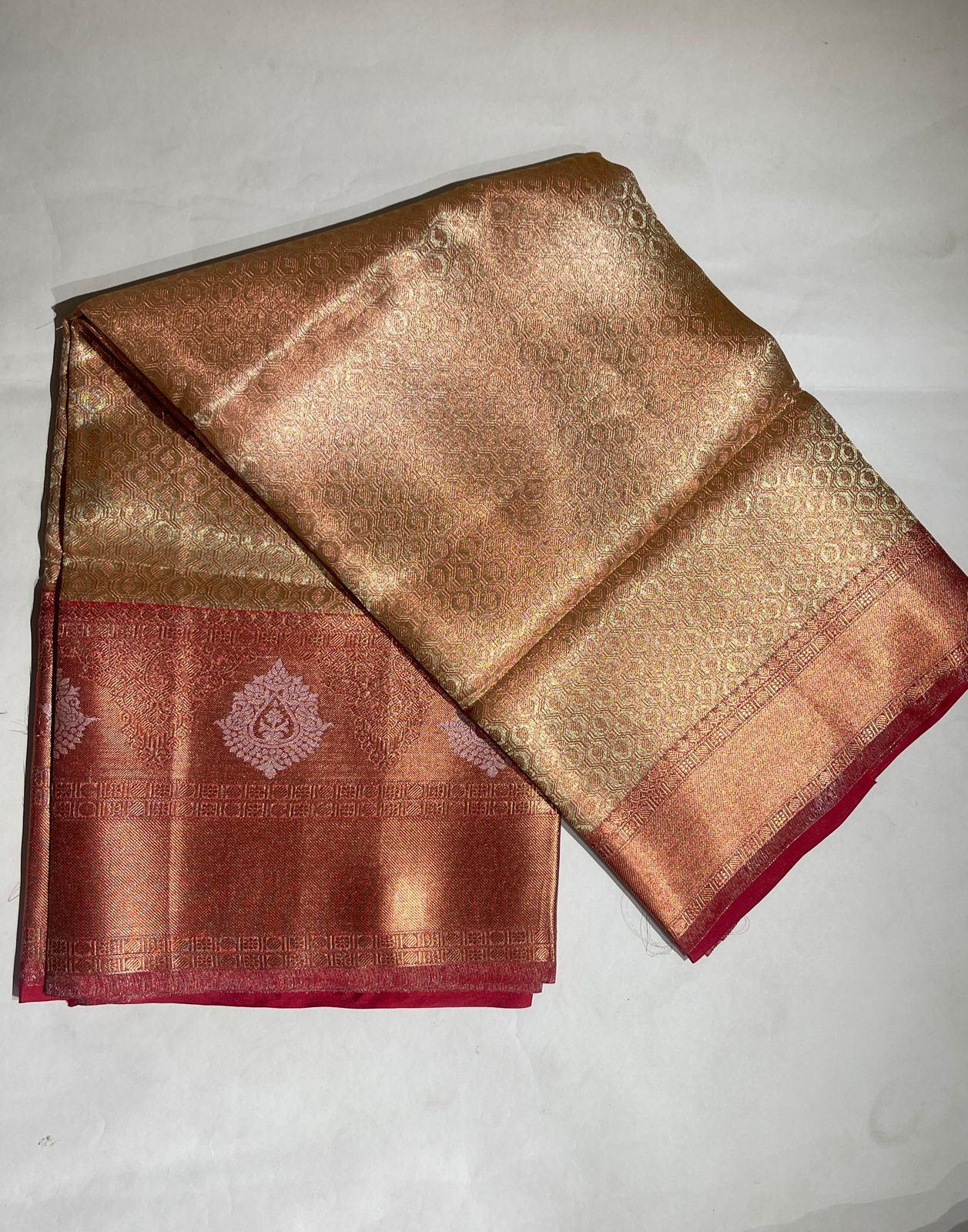 Faishana Presents Brown Banarasi Tanchoi Tissue Skirt Border Jaal Silver Mina Boota Copper Zari and Silver Floral Zari Border with Stripe Brown Blouse Banarasi Saree