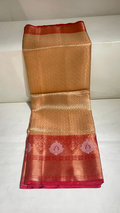 Faishana Presents Brown Banarasi Tanchoi Tissue Skirt Border Jaal Silver Mina Boota Copper Zari and Silver Floral Zari Border with Stripe Brown Blouse Banarasi Saree