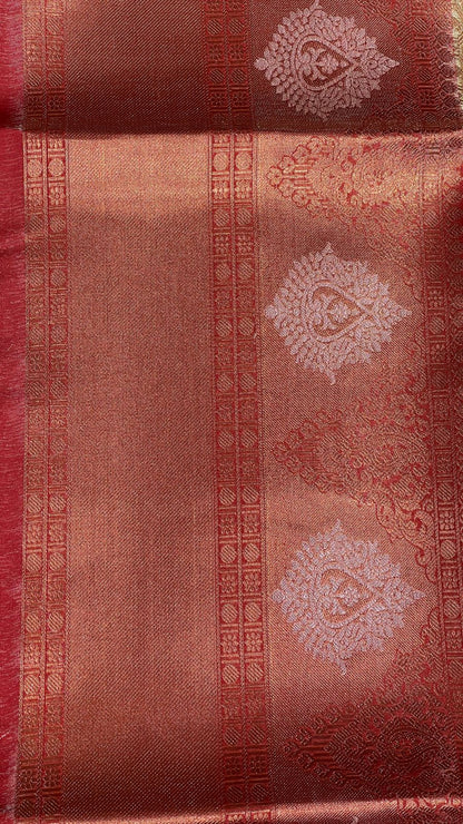 Faishana Presents Brown Banarasi Tanchoi Tissue Skirt Border Jaal Silver Mina Boota Copper Zari and Silver Floral Zari Border with Stripe Brown Blouse Banarasi Saree