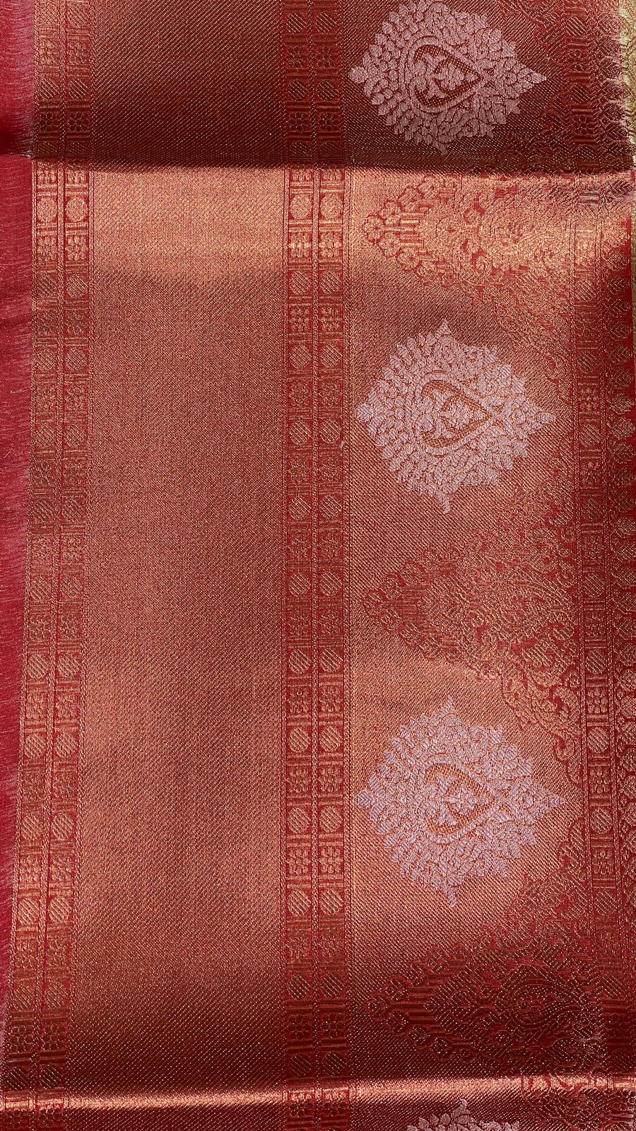Faishana Presents Brown Banarasi Tanchoi Tissue Skirt Border Jaal Silver Mina Boota Copper Zari and Silver Floral Zari Border with Stripe Brown Blouse Banarasi Saree