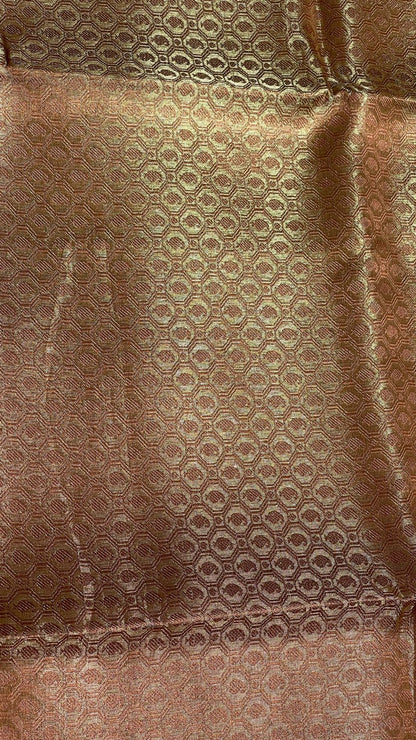 Faishana Presents Brown Banarasi Tanchoi Tissue Skirt Border Jaal Silver Mina Boota Copper Zari and Silver Floral Zari Border with Stripe Brown Blouse Banarasi Saree